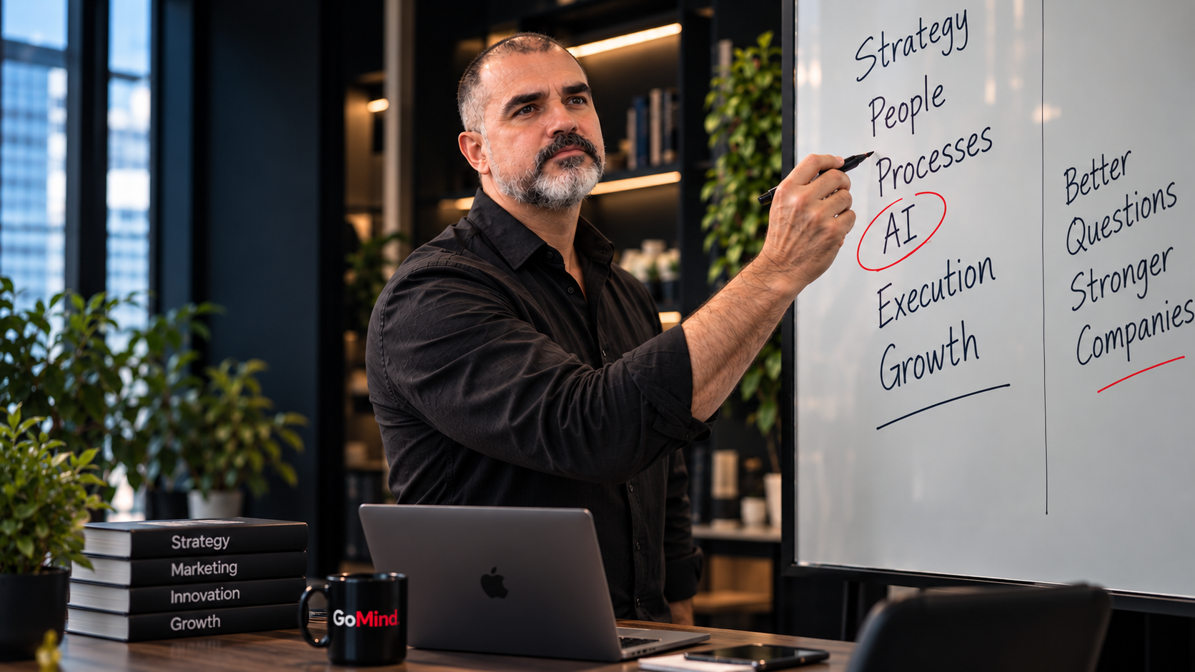 Hernán Mejía leading a strategy discussion at a whiteboard