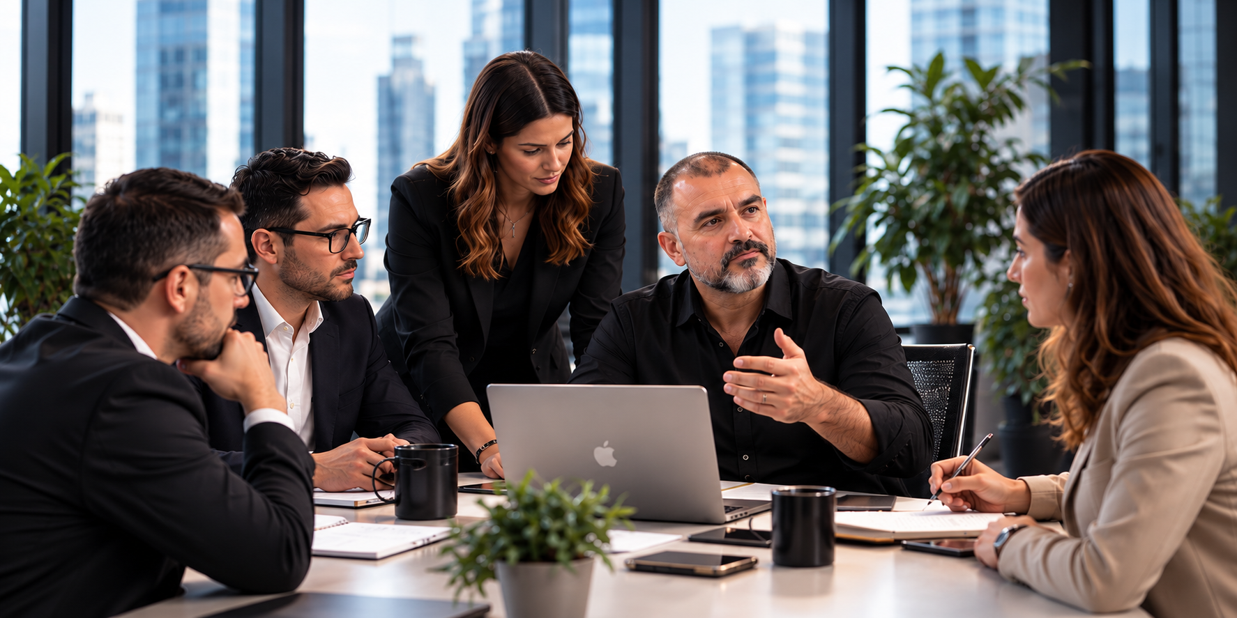 Hernán Mejía collaborating with a leadership team around a laptop