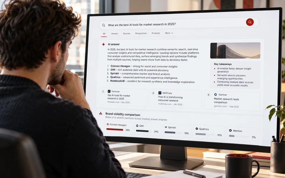 Researcher reviewing an AI answer engine and brand visibility results