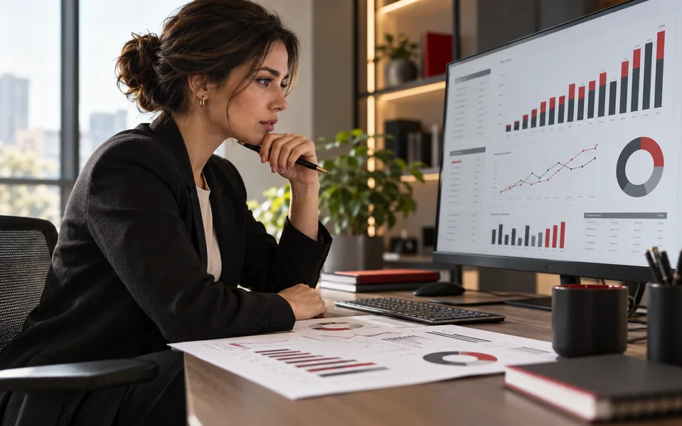 Business analyst reviewing performance charts and reports