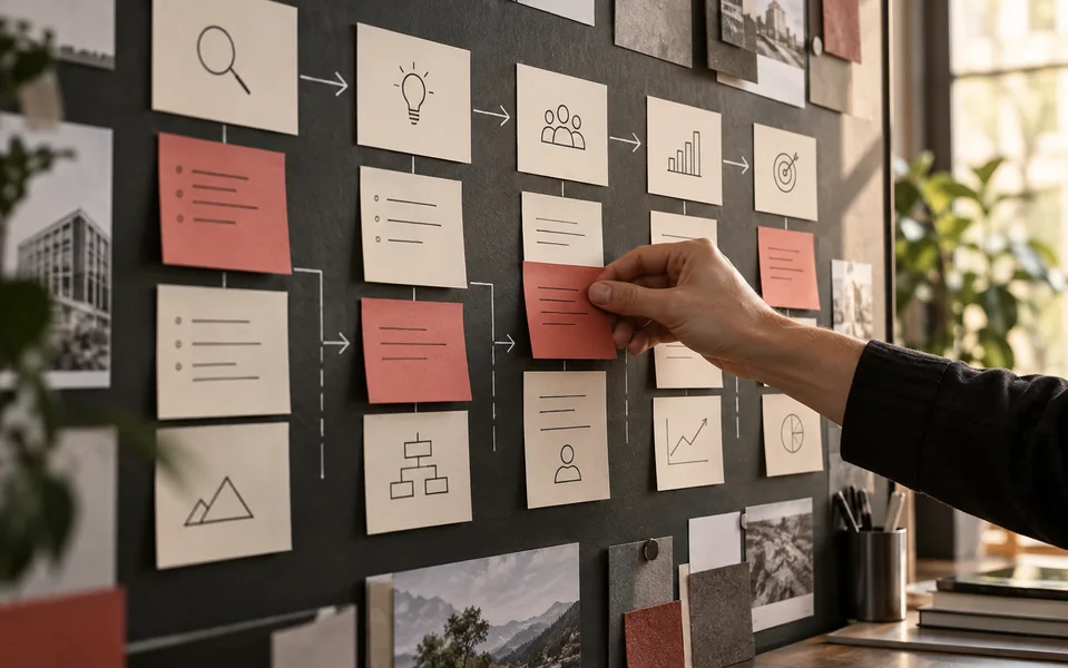 Process architecture mapped with connected notes on a planning wall