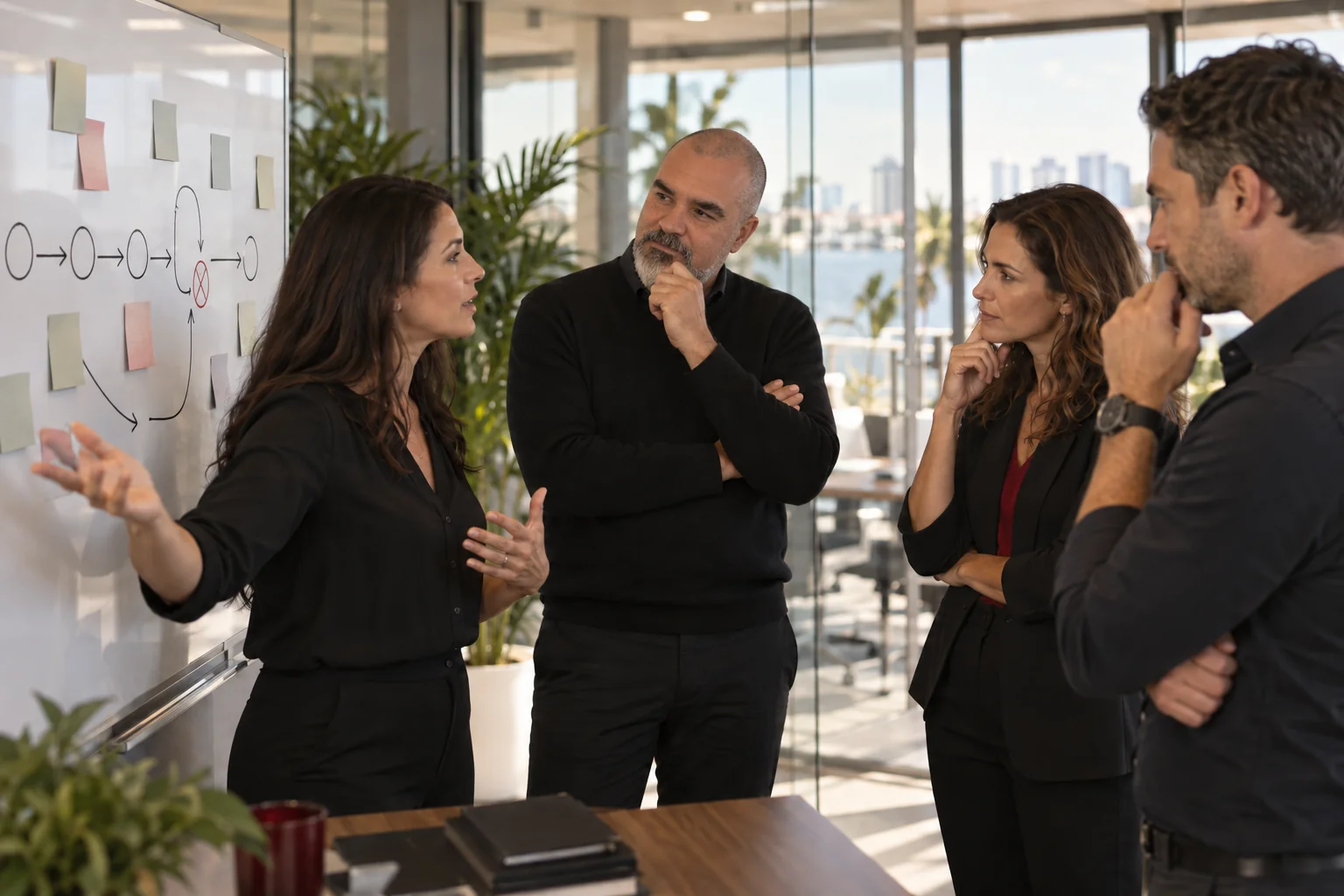 Hernán Mejía discussing growth priorities with a leadership team