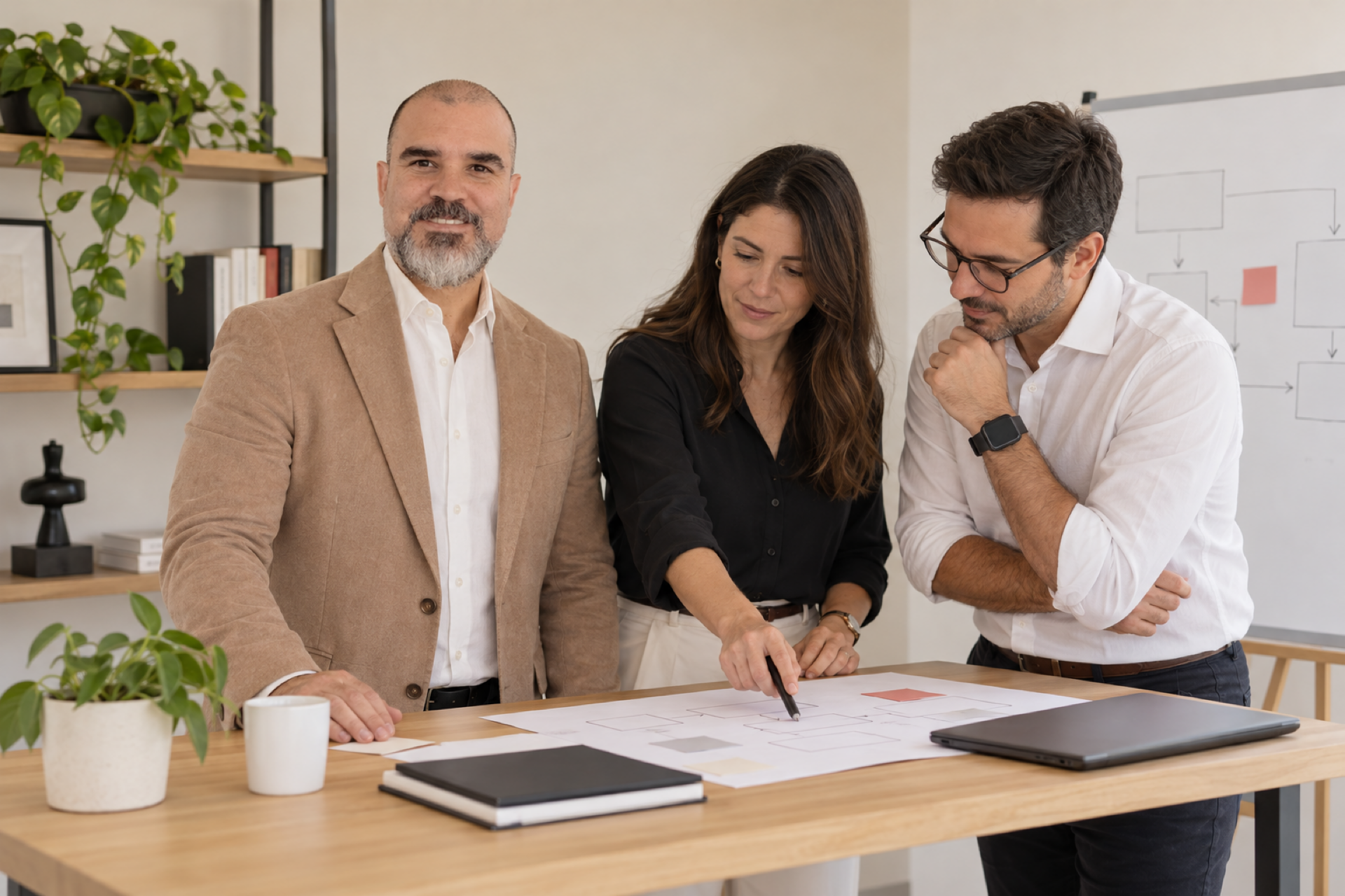 Hernán Mejía reviewing responsibilities with a leadership team